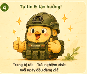 Chú gà vui vẻ và tự tin sử dụng trang bị
